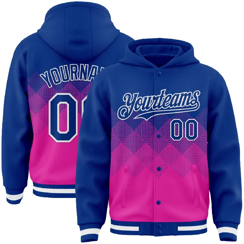 Fishing pliers with hook rack-Custom Royal Deep Pink-White Gradient Square Shape 3D Pattern Design Bomber Full-Snap Varsity Letterman Hoodie Jacket