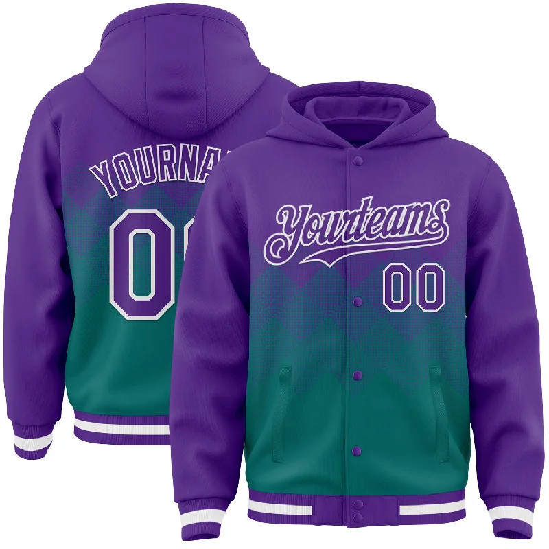 Fishing pliers with hook clamp-Custom Purple Teal-White Gradient Square Shape 3D Pattern Design Bomber Full-Snap Varsity Letterman Hoodie Jacket