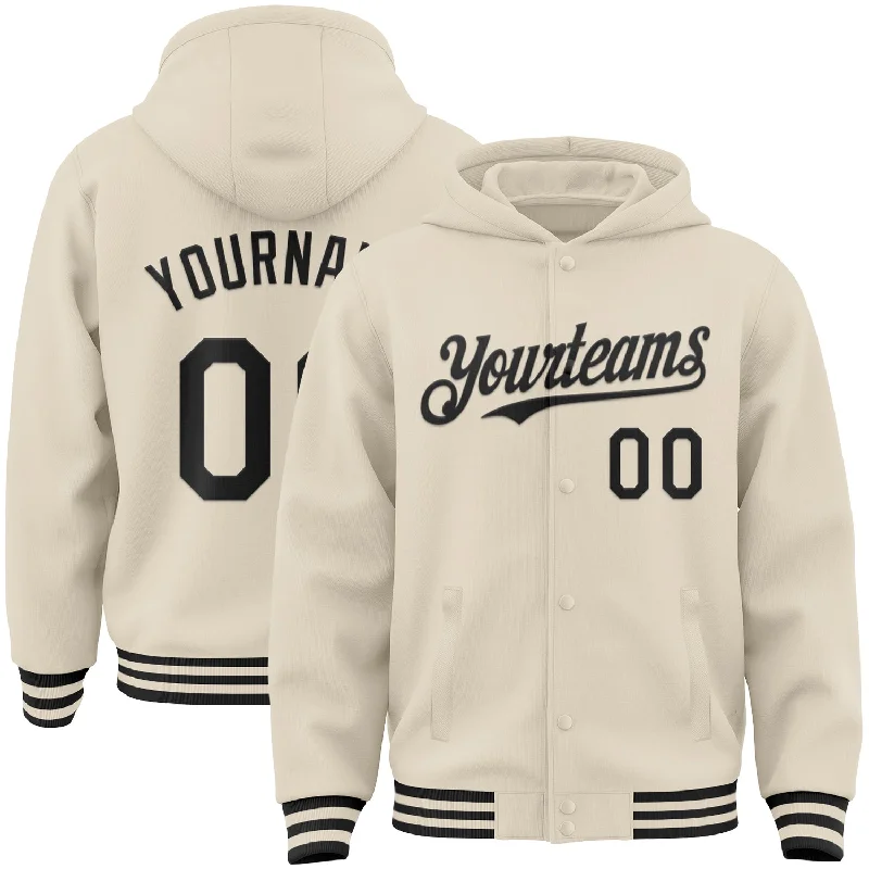 Fishing rod stabilizing strap-Custom Cream Black Bomber Full-Snap Varsity Letterman Hoodie Jacket