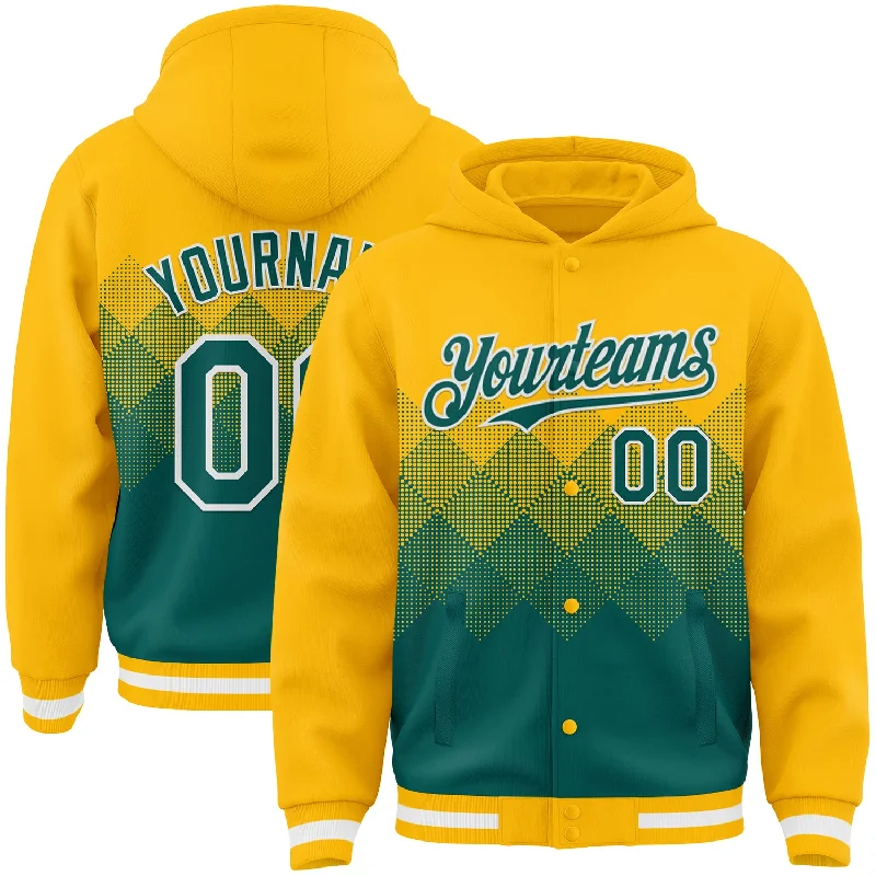 Fishing hook bending rack-Custom Gold Midnight Green-White Gradient Square Shape 3D Pattern Design Bomber Full-Snap Varsity Letterman Hoodie Jacket