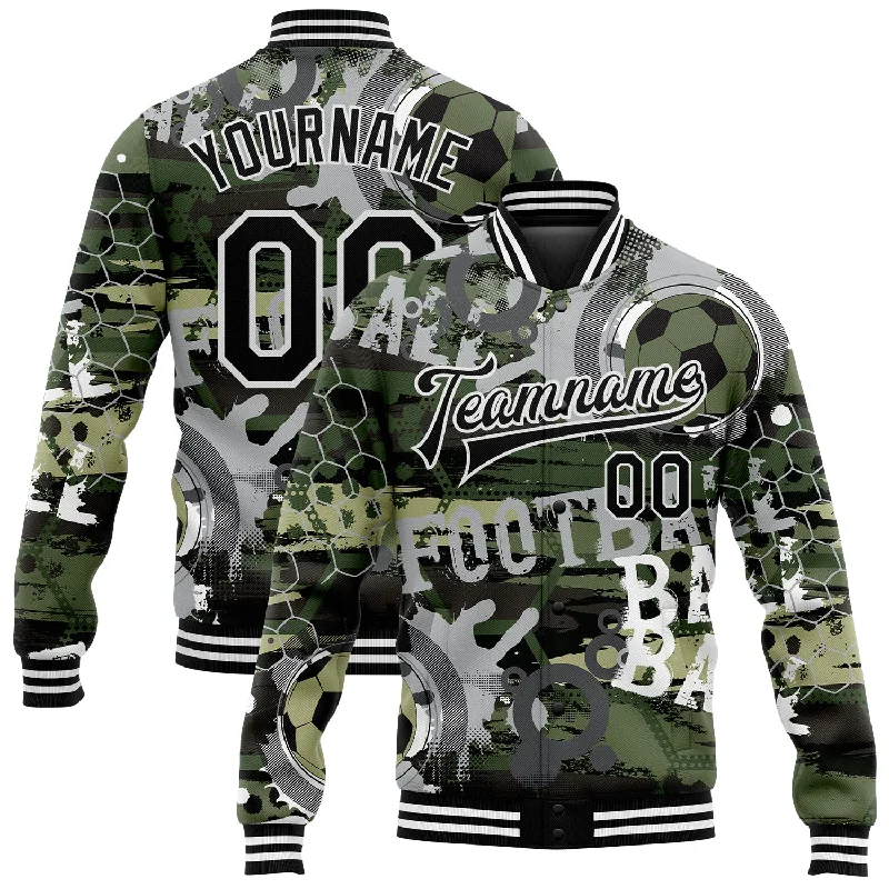 Fishing tackle modular clamp-Custom Camo Black-White Football 3D Pattern Design Bomber Full-Snap Varsity Letterman Salute To Service Jacket