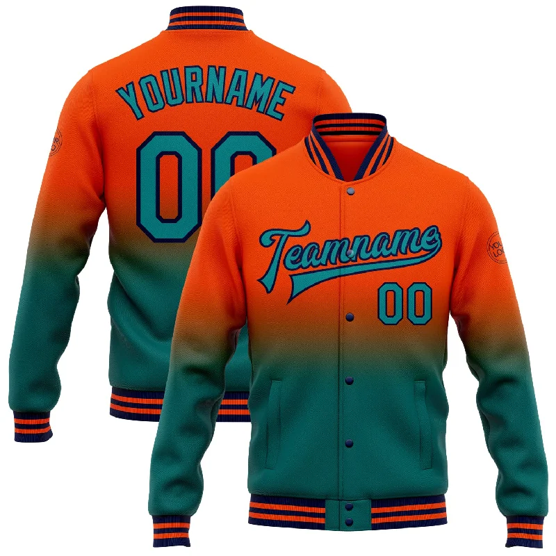 Fishing hook crimping pliers-Custom Orange Teal-Navy Bomber Full-Snap Varsity Letterman Fade Fashion Jacket