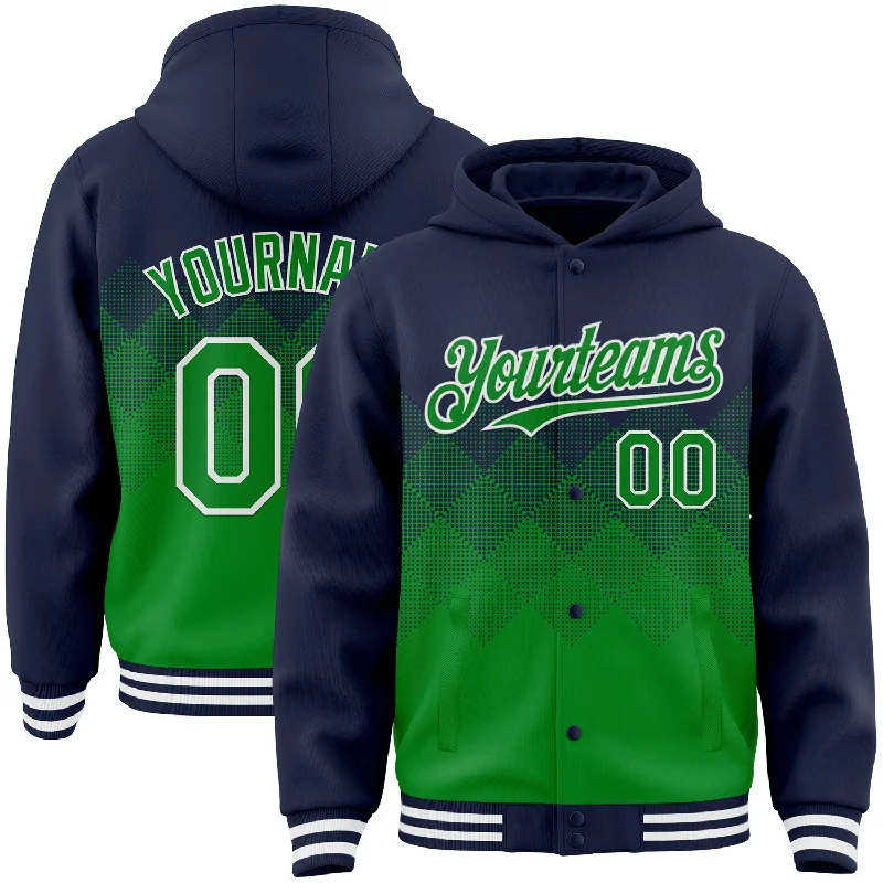 Fishing pliers with grip clamp-Custom Navy Grass Green-White Gradient Square Shape 3D Pattern Design Bomber Full-Snap Varsity Letterman Hoodie Jacket