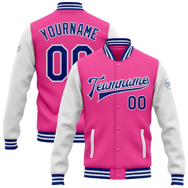 Fishing tackle mounting bracket-Custom Pink Royal-White Bomber Full-Snap Varsity Letterman Two Tone Jacket