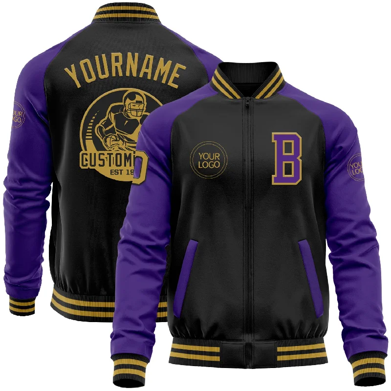 Fishing tackle stacking rack-Custom Black Old Gold-Purple Bomber Varsity Letterman Two Tone Zipper Jacket