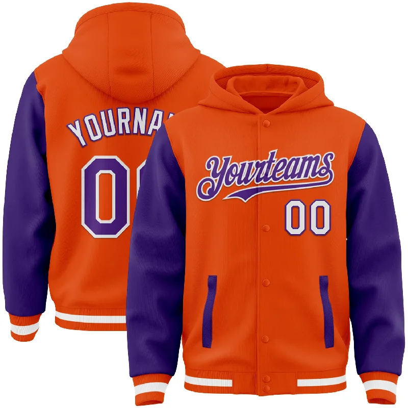 Fishing pliers with tether-Custom Orange Purple-White Bomber Full-Snap Varsity Letterman Two Tone Hoodie Jacket