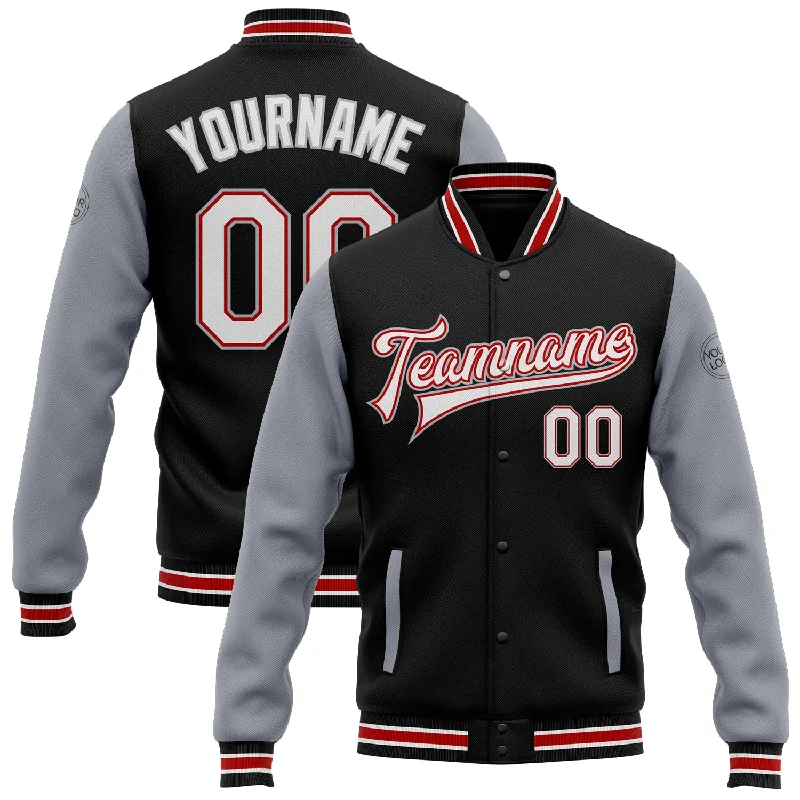 Fishing tackle foldable rack-Custom Black White Red-Gray Bomber Full-Snap Varsity Letterman Two Tone Jacket