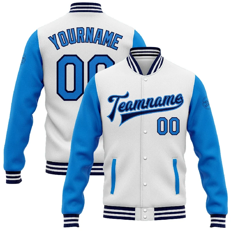 Fishing bait shaping rack-Custom White Powder Blue-Navy Bomber Full-Snap Varsity Letterman Two Tone Jacket