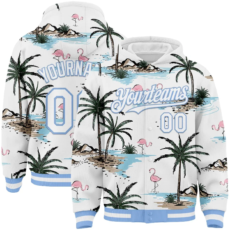 Fishing line knotting rack-Custom White Light Blue Tropical Hawaii Palm Trees 3D Bomber Full-Snap Varsity Letterman Hoodie Jacket