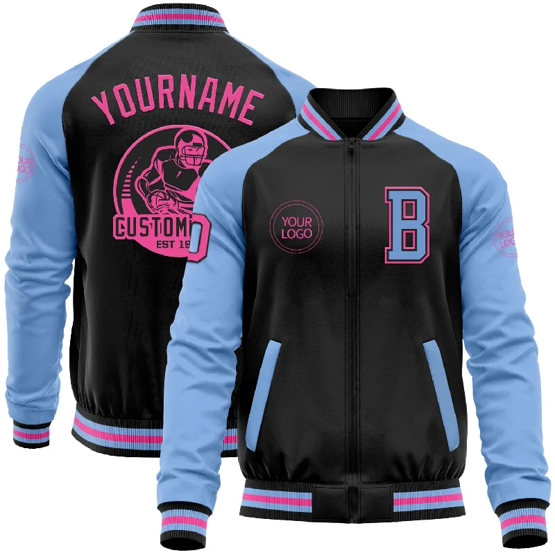 Fishing reel line rack-Custom Black Pink-Light Blue Bomber Varsity Letterman Two Tone Zipper Jacket