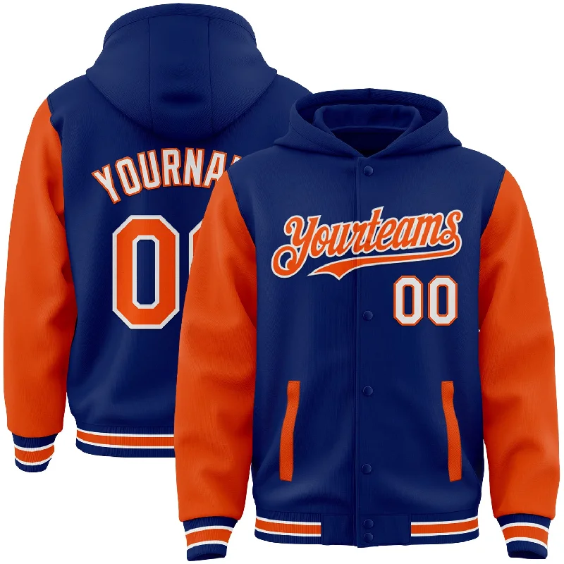 Fishing hook knotting tool-Custom Royal Orange-White Bomber Full-Snap Varsity Letterman Two Tone Hoodie Jacket