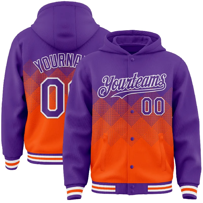 Fishing hook alignment clamp-Custom Purple Orange-White Gradient Square Shape 3D Pattern Design Bomber Full-Snap Varsity Letterman Hoodie Jacket