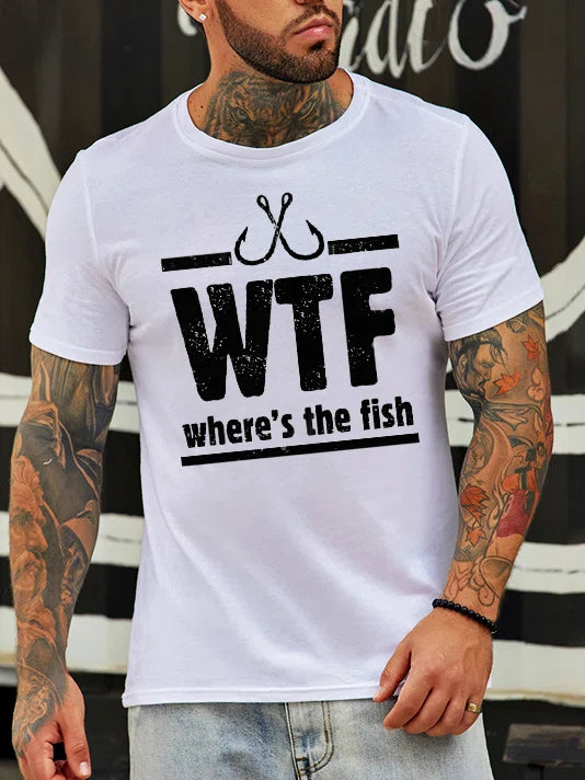 Fishing rod angle stand-Where's The Fish Printed Round Neck Short Sleeved T-shirt