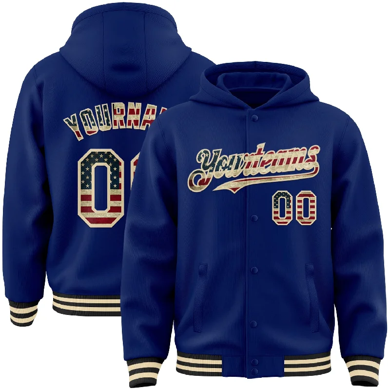 Fishing hook alignment clamp-Custom Royal Vintage USA Flag Cream-Black Bomber Full-Snap Varsity Letterman Hoodie Jacket