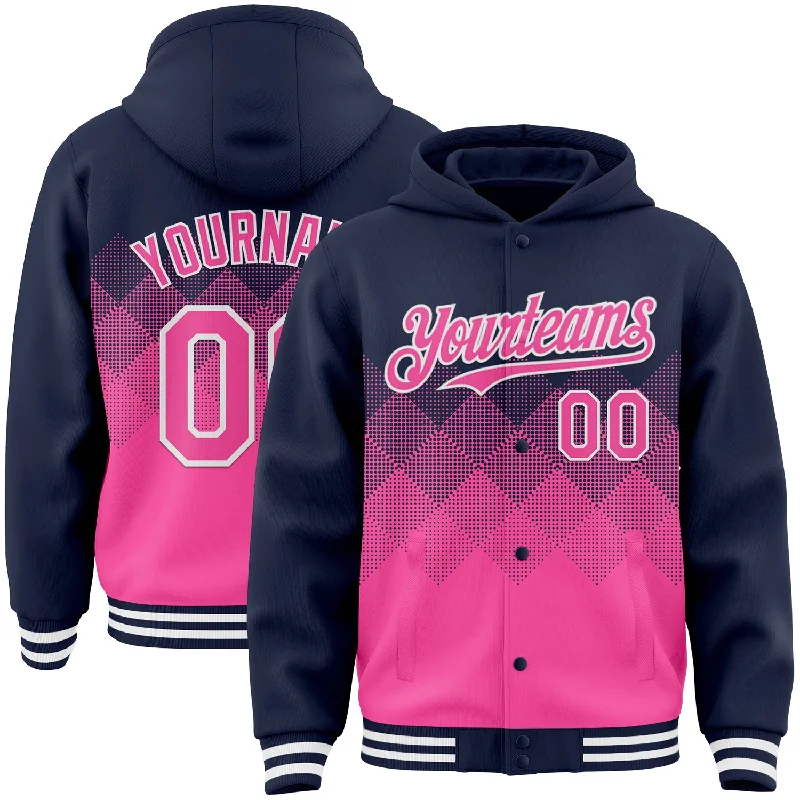 Fishing reel spool stand-Custom Navy Pink-White Gradient Square Shape 3D Pattern Design Bomber Full-Snap Varsity Letterman Hoodie Jacket