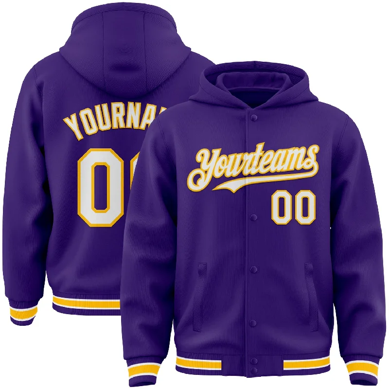 Fishing hook crimping holder-Custom Purple White-Gold Bomber Full-Snap Varsity Letterman Hoodie Jacket