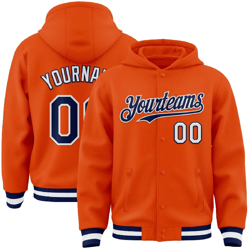 Fishing reel spool holder-Custom Orange Navy-White Bomber Full-Snap Varsity Letterman Hoodie Jacket