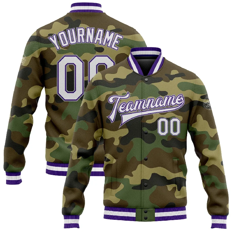 Fishing reel spool rack-Custom Camo White Purple-Gray Bomber Full-Snap Varsity Letterman Salute To Service Jacket