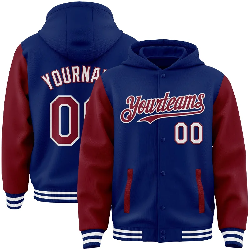 Fishing reel line clamp-Custom Royal Crimson-White Bomber Full-Snap Varsity Letterman Two Tone Hoodie Jacket