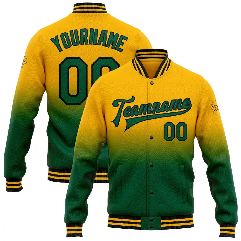 Fishing tackle compact holder-Custom Gold Kelly Green-Black Bomber Full-Snap Varsity Letterman Fade Fashion Jacket