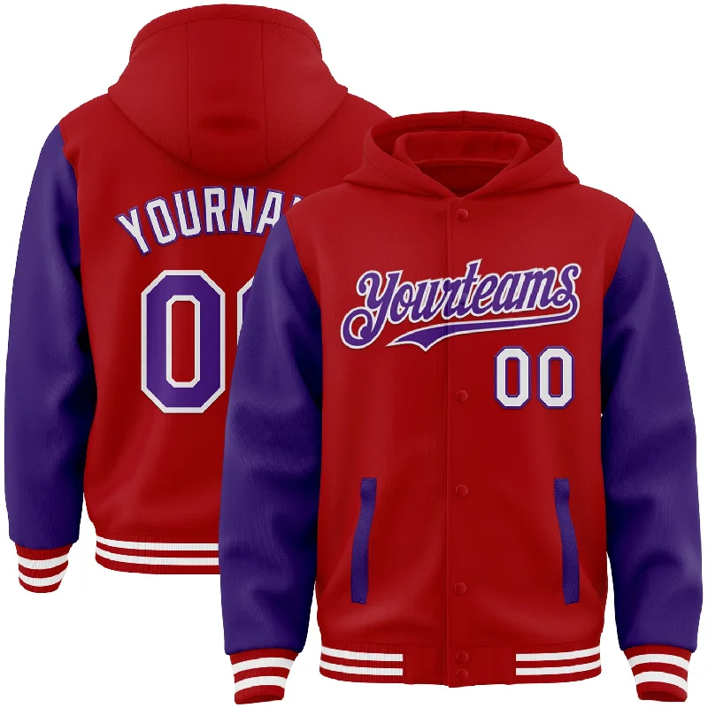 Fishing rod pivot stand-Custom Red Purple-White Bomber Full-Snap Varsity Letterman Two Tone Hoodie Jacket