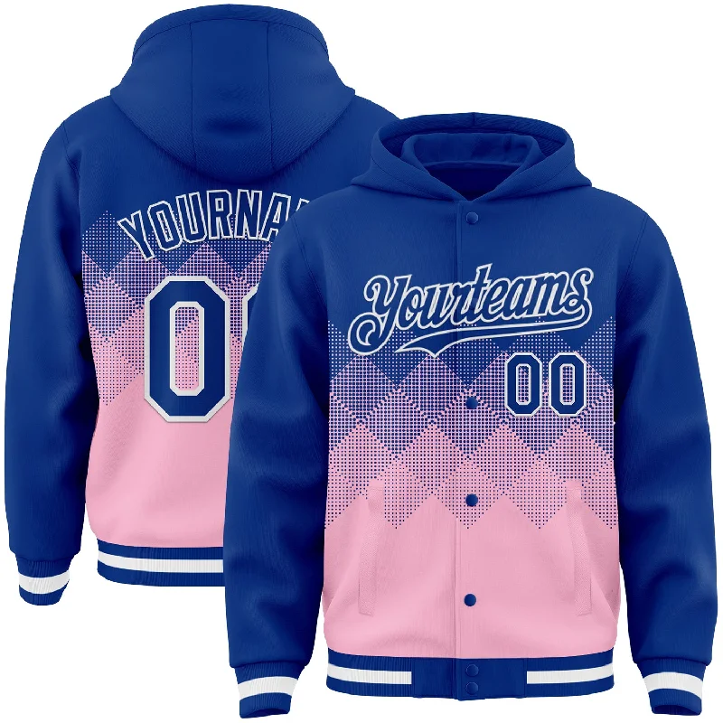 Fishing tackle adjustable holder-Custom Royal Light Pink-White Gradient Square Shape 3D Pattern Design Bomber Full-Snap Varsity Letterman Hoodie Jacket