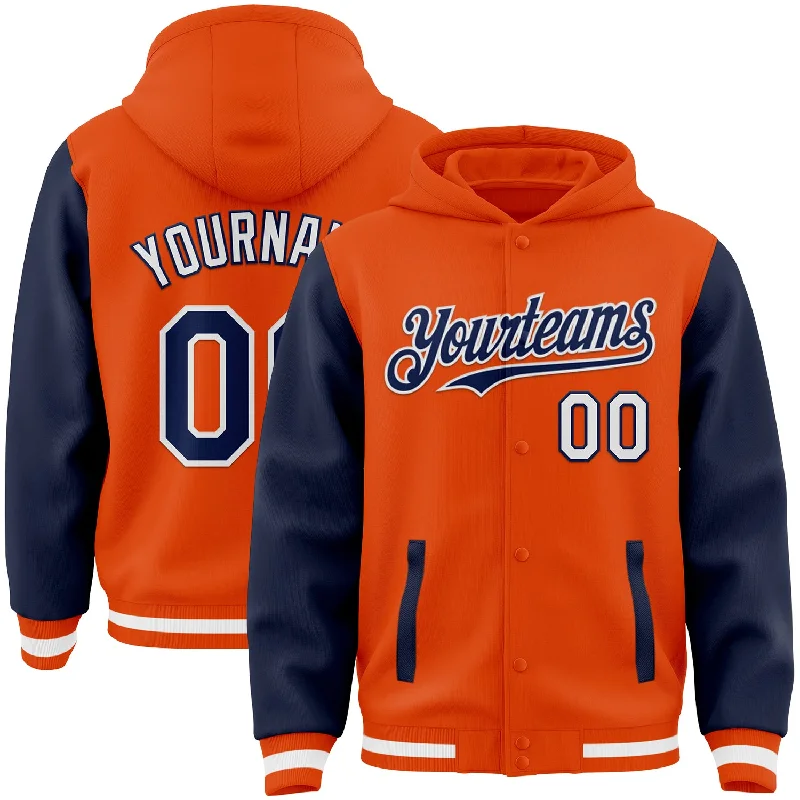 Fishing tackle waterproof holder-Custom Orange Navy-White Bomber Full-Snap Varsity Letterman Two Tone Hoodie Jacket