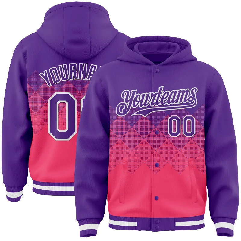 Fishing tackle compact holder-Custom Purple Neon Pink-White Gradient Square Shape 3D Pattern Design Bomber Full-Snap Varsity Letterman Hoodie Jacket