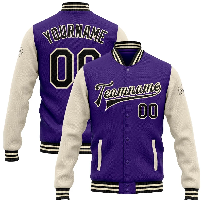 Fishing rod pivot rack-Custom Purple Black-Cream Bomber Full-Snap Varsity Letterman Two Tone Jacket