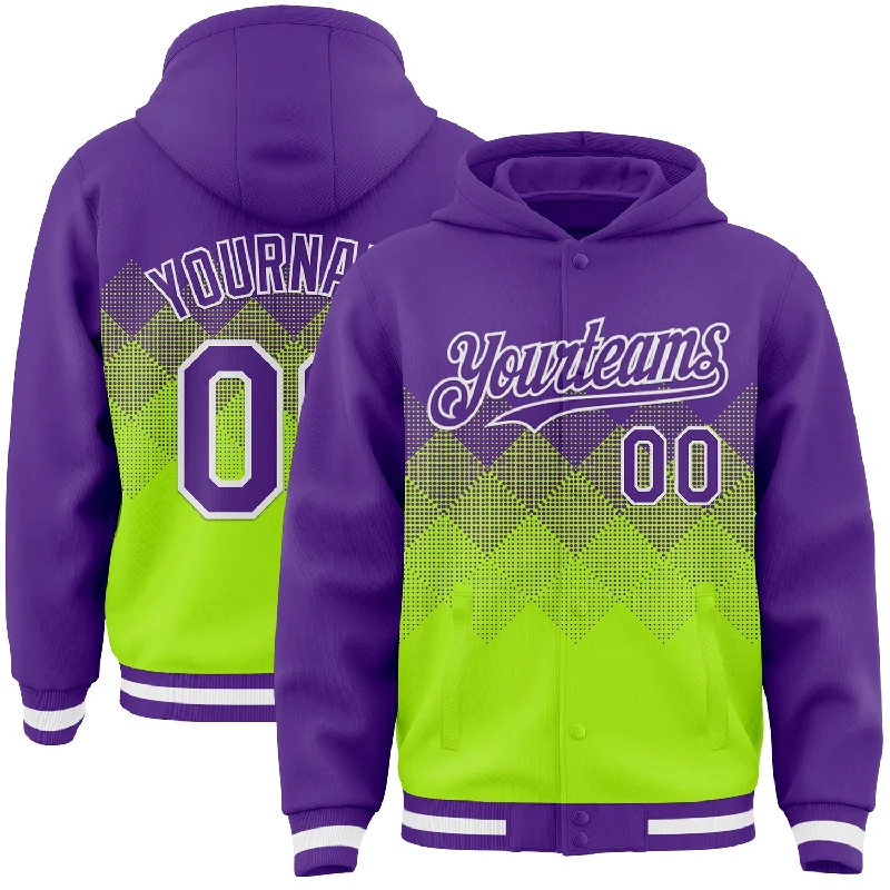 Fishing tackle waterproof holder-Custom Purple Neon Green-White Gradient Square Shape 3D Pattern Design Bomber Full-Snap Varsity Letterman Hoodie Jacket