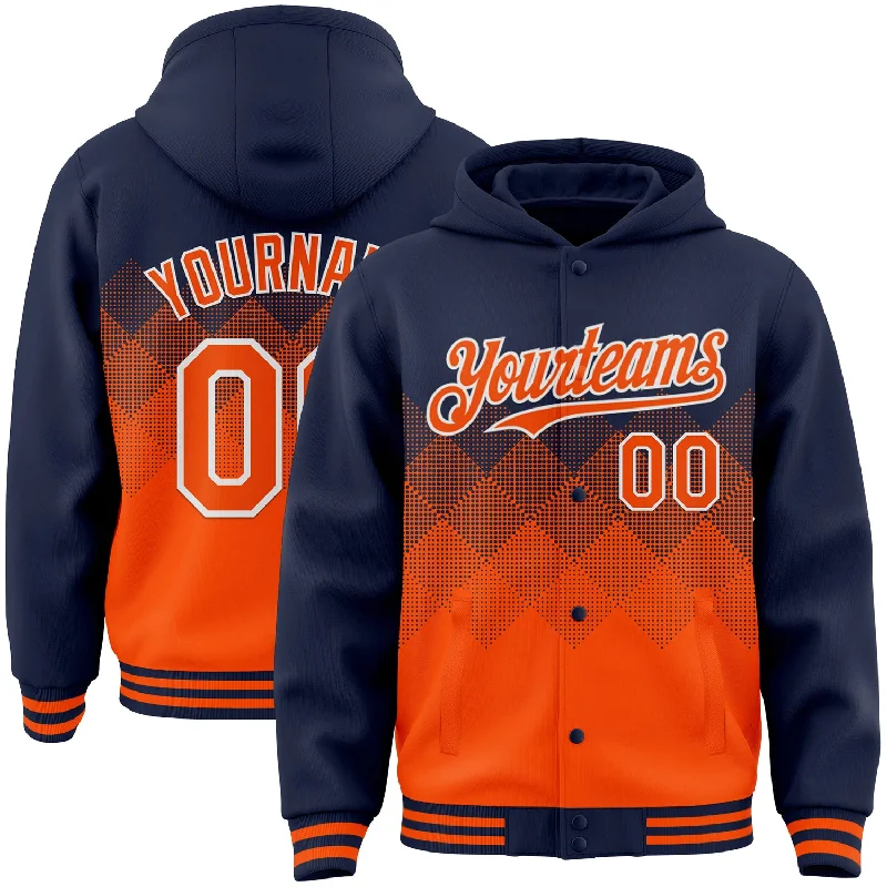 Fishing line twisting clamp-Custom Navy Orange-White Gradient Square Shape 3D Pattern Design Bomber Full-Snap Varsity Letterman Hoodie Jacket