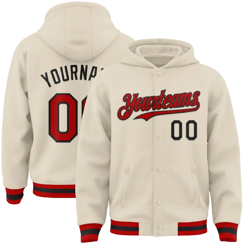 Fishing tackle stacking holder-Custom Cream Red-Black Bomber Full-Snap Varsity Letterman Hoodie Jacket