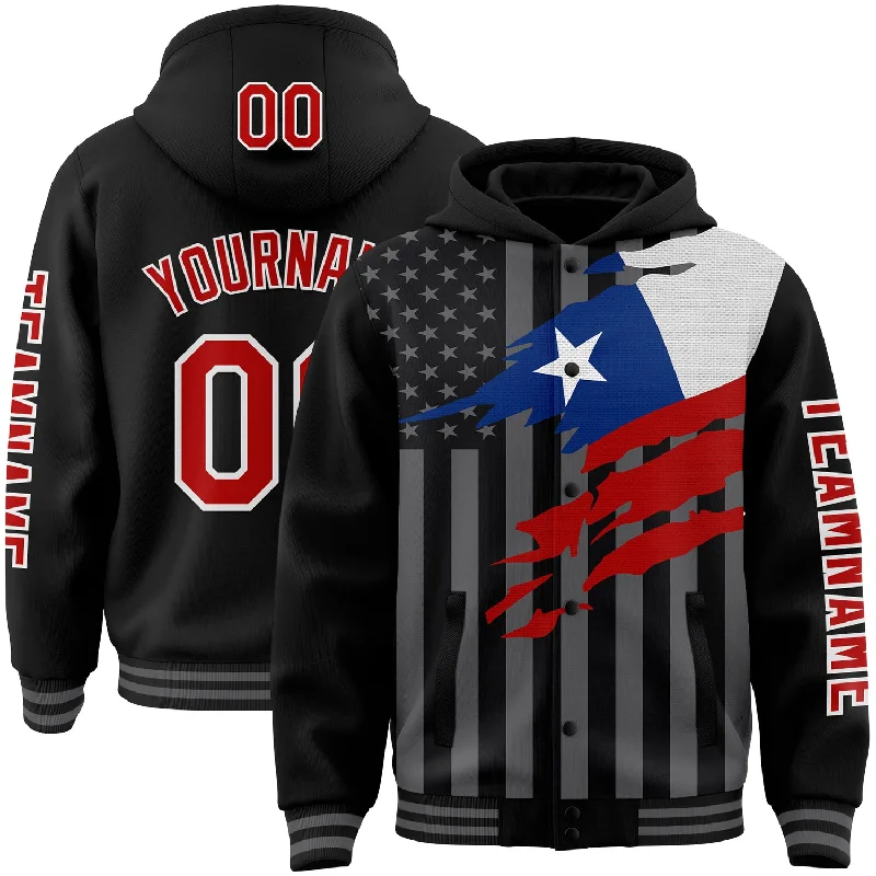 Fishing tackle modular rack-Custom Black Red-Gray Chile Chilean Flag 3D Bomber Full-Snap Varsity Letterman Hoodie Jacket