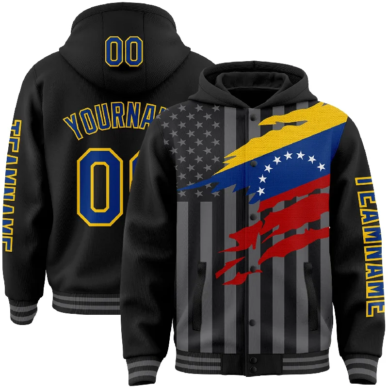 Fishing tackle foldable rack-Custom Black Royal Yellow-Gray Venezuela Venezuelan Flag 3D Bomber Full-Snap Varsity Letterman Hoodie Jacket