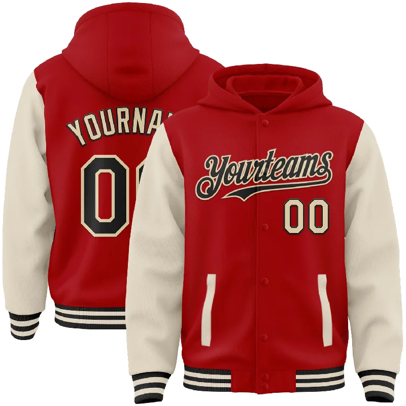 Fishing line braiding stand-Custom Red Black-Cream Bomber Full-Snap Varsity Letterman Two Tone Hoodie Jacket