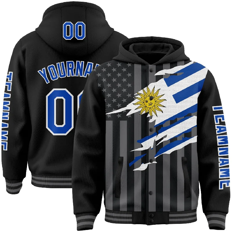 Fishing tackle adjustable stand-Custom Black Thunder Blue-Gray Uruguay Uruguayan Flag 3D Bomber Full-Snap Varsity Letterman Hoodie Jacket