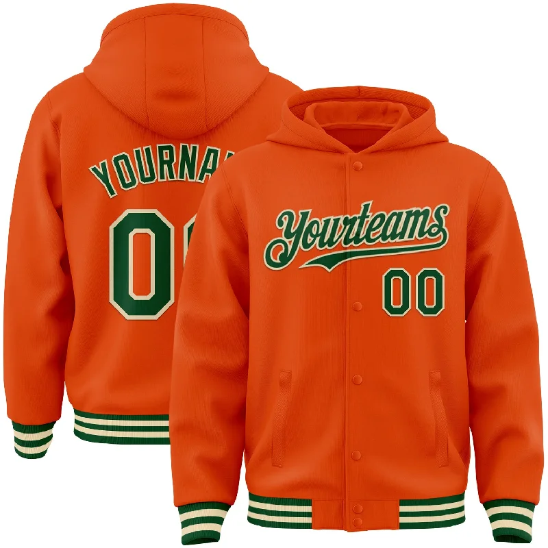 Fishing reel drag rack-Custom Orange Green-Cream Bomber Full-Snap Varsity Letterman Hoodie Jacket