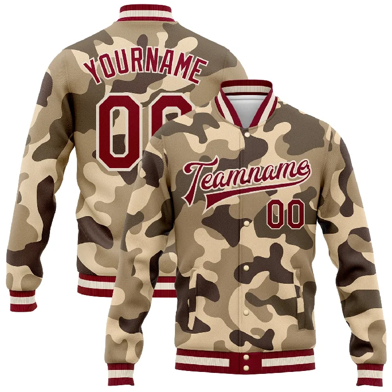 Fishing rod angle stand-Custom Camo Maroon-Cream Desert Camouflage 3D Bomber Full-Snap Varsity Letterman Salute To Service Jacket