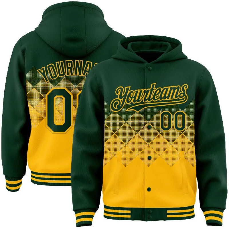 Fishing reel drag clamp-Custom Green Gold Gradient Square Shape 3D Pattern Design Bomber Full-Snap Varsity Letterman Hoodie Jacket