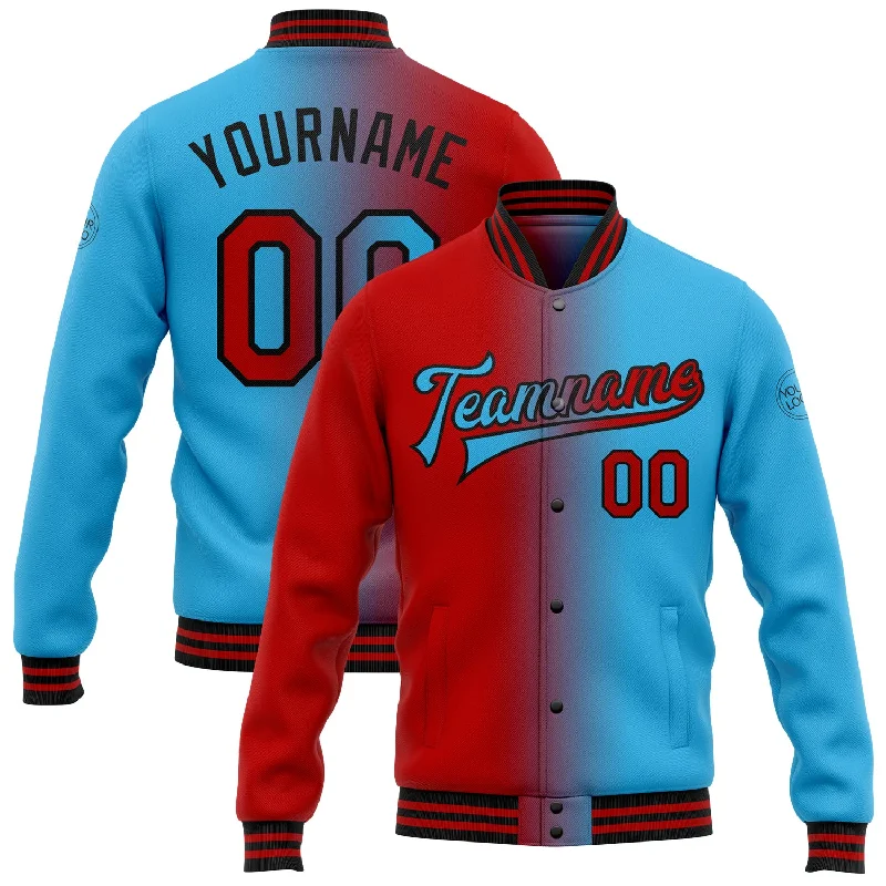 Fishing bait freezing rack-Custom Sky Blue Red-Black Bomber Full-Snap Varsity Letterman Gradient Fashion Jacket