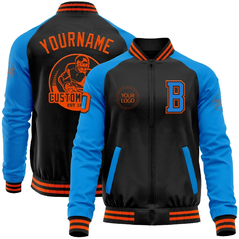 Fishing hook alignment rack-Custom Black Orange-Powder Blue Bomber Varsity Letterman Two Tone Zipper Jacket