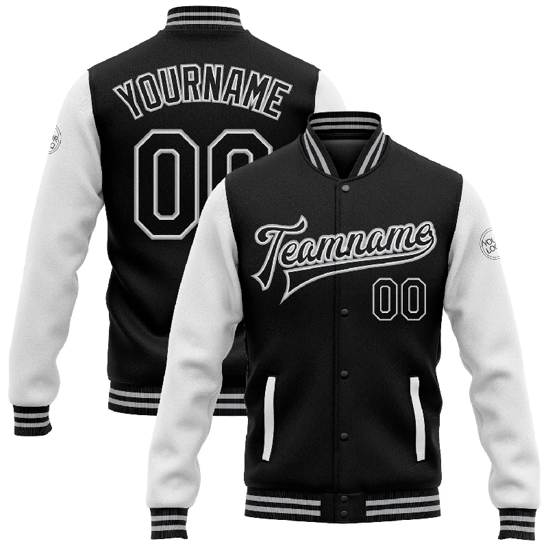 Fishing bait pressing rack-Custom Black White-Gray Bomber Full-Snap Varsity Letterman Two Tone Jacket