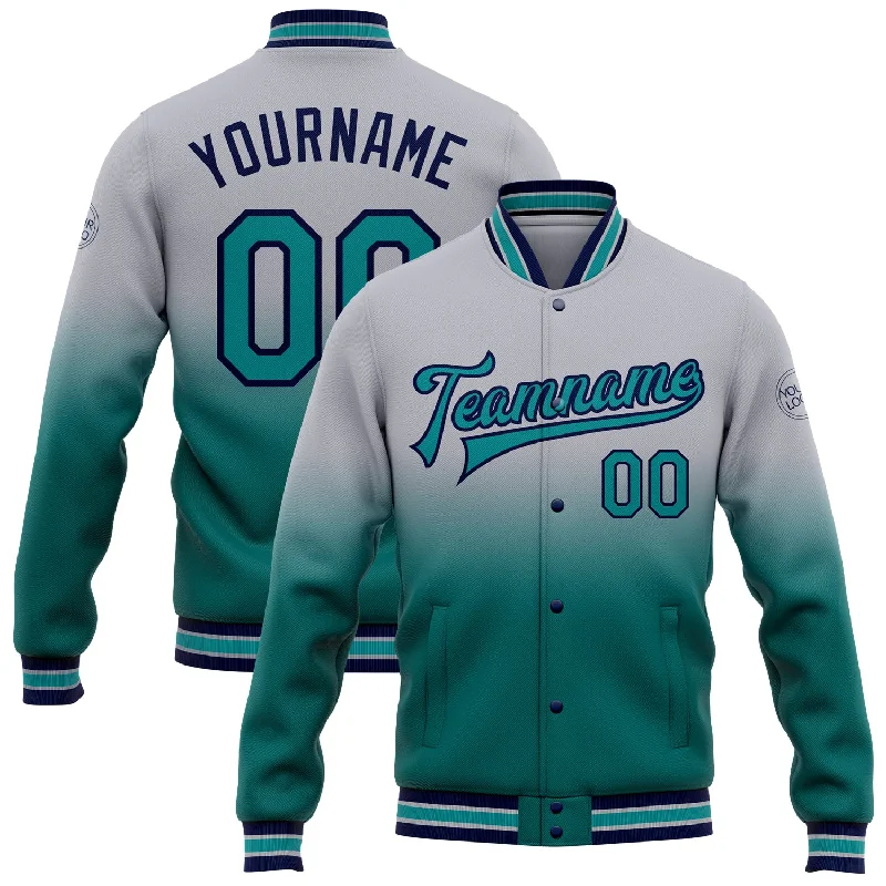 Fishing hook threading rack-Custom Gray Teal-Navy Bomber Full-Snap Varsity Letterman Fade Fashion Jacket