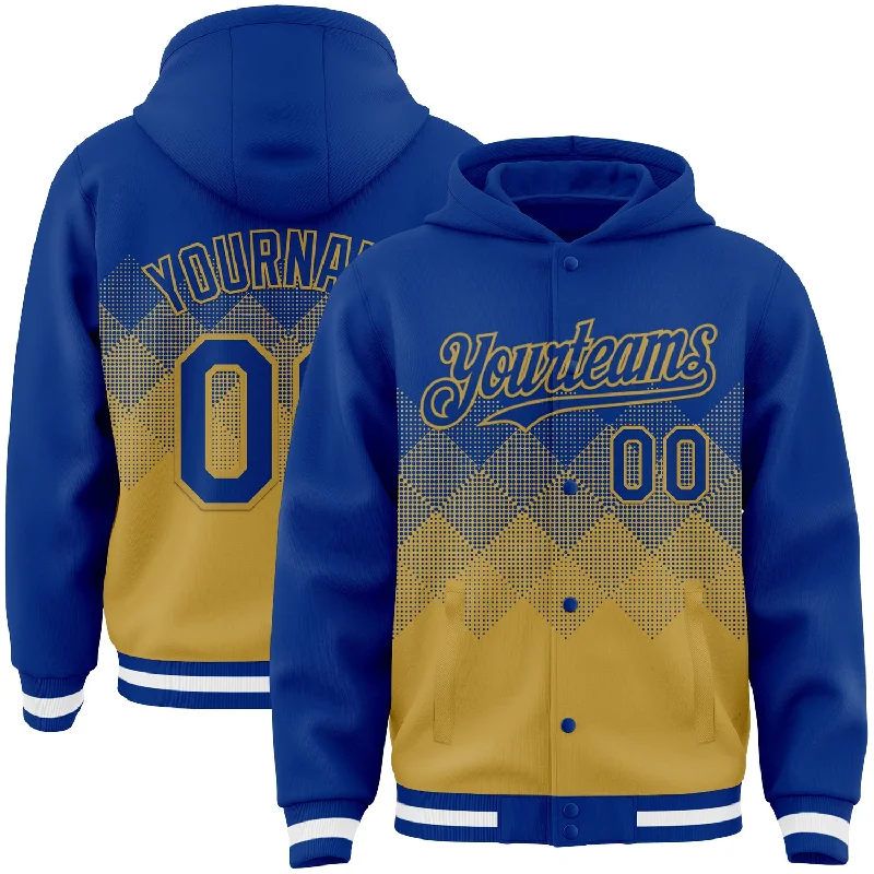 Fishing reel line holder-Custom Royal Old Gold-White Gradient Square Shape 3D Pattern Design Bomber Full-Snap Varsity Letterman Hoodie Jacket