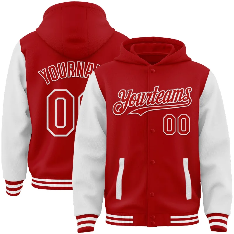 Fishing tackle foldable rack-Custom Red White Bomber Full-Snap Varsity Letterman Two Tone Hoodie Jacket