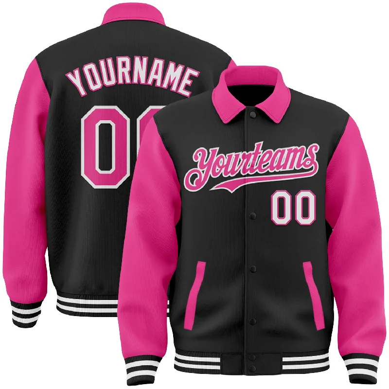 Fishing hook bending rack-Custom Black Pink-White Bomber Full-Snap Varsity Letterman Two Tone Lapel Collar Byron Jacket