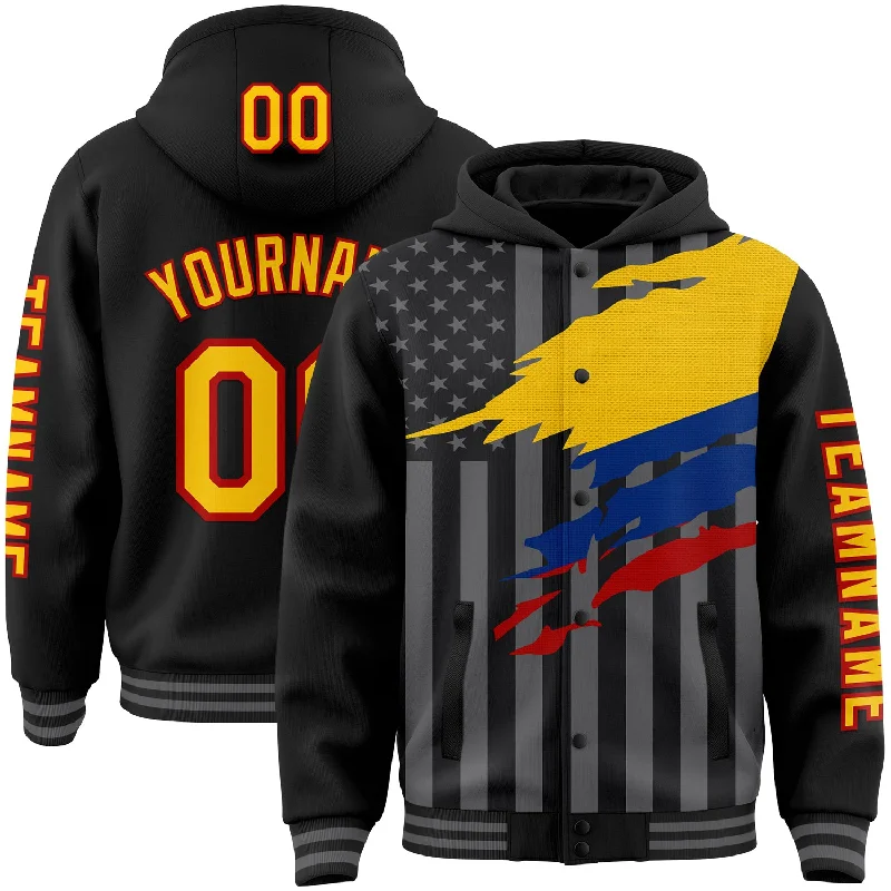 Fishing reel spool clamp-Custom Black Yellow Red-Gray Colombia Colombian Flag 3D Bomber Full-Snap Varsity Letterman Hoodie Jacket