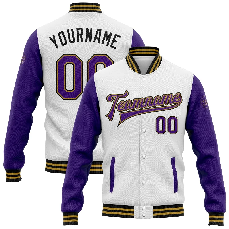 Fishing rod stabilizing rack-Custom White Purple Old Gold-Black Bomber Full-Snap Varsity Letterman Two Tone Jacket