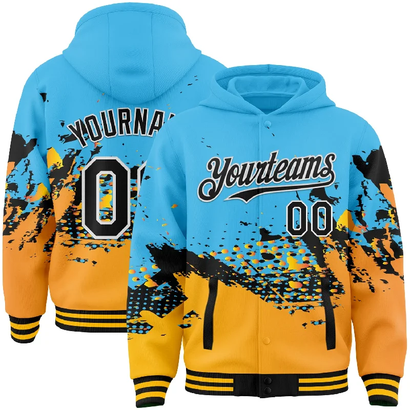 Fishing line knot rack-Custom Sky Blue Black-Gold Abstract Splash Grunge Art 3D Pattern Design Bomber Full-Snap Varsity Letterman Hoodie Jacket