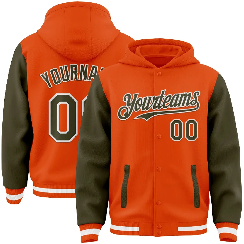 Fishing hook angle clamp-Custom Orange Olive-White Bomber Full-Snap Varsity Letterman Two Tone Hoodie Jacket